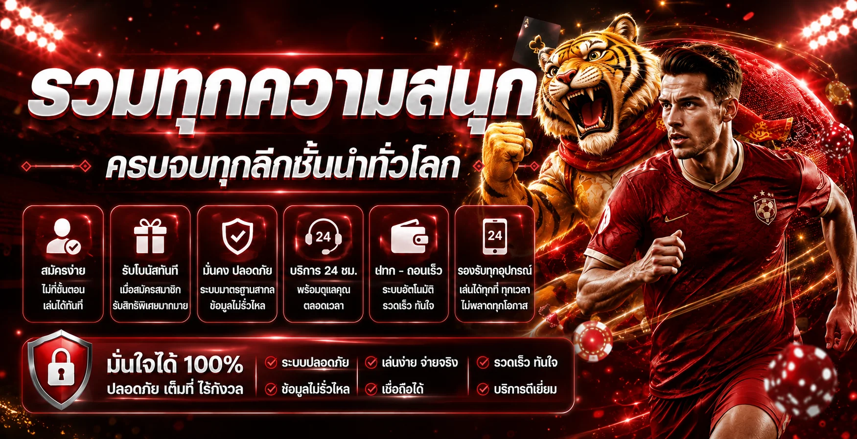 ภาพรวมผลบอลสด DAVIN888 พร้อมนักฟุตบอลและมาสคอตเสือ